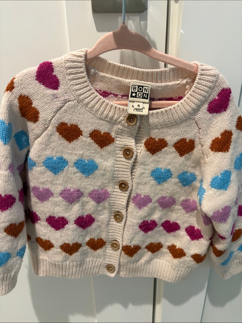 Bonton Cream Cardigan with Multicolor Heart Pattern